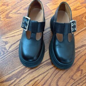 Ganni Black Leather Loafers with Buckle Detail